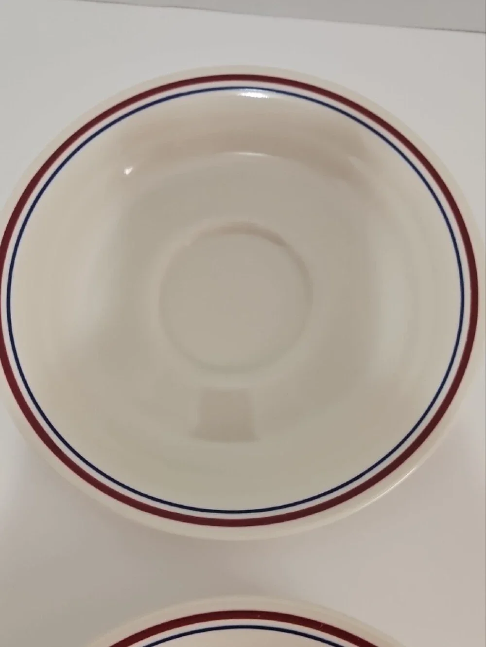 Corelle Saucers Retired Abundance Pattern, beige W/ Blue&Maroon Rings - Set of 4